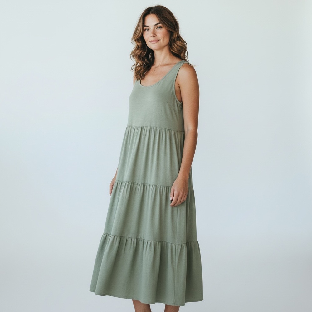 BTFBM Sleeveless Dress tiered size Large w/ 2 Pockets!! Celery Green. Maxi